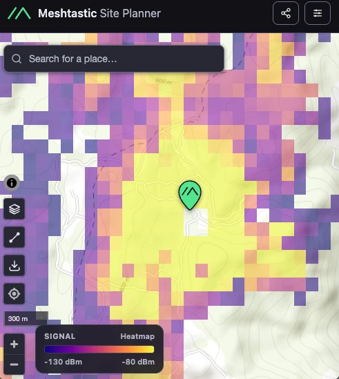 Mapa de cobertura de sinal do repetidor no Meshtastic Site Planner