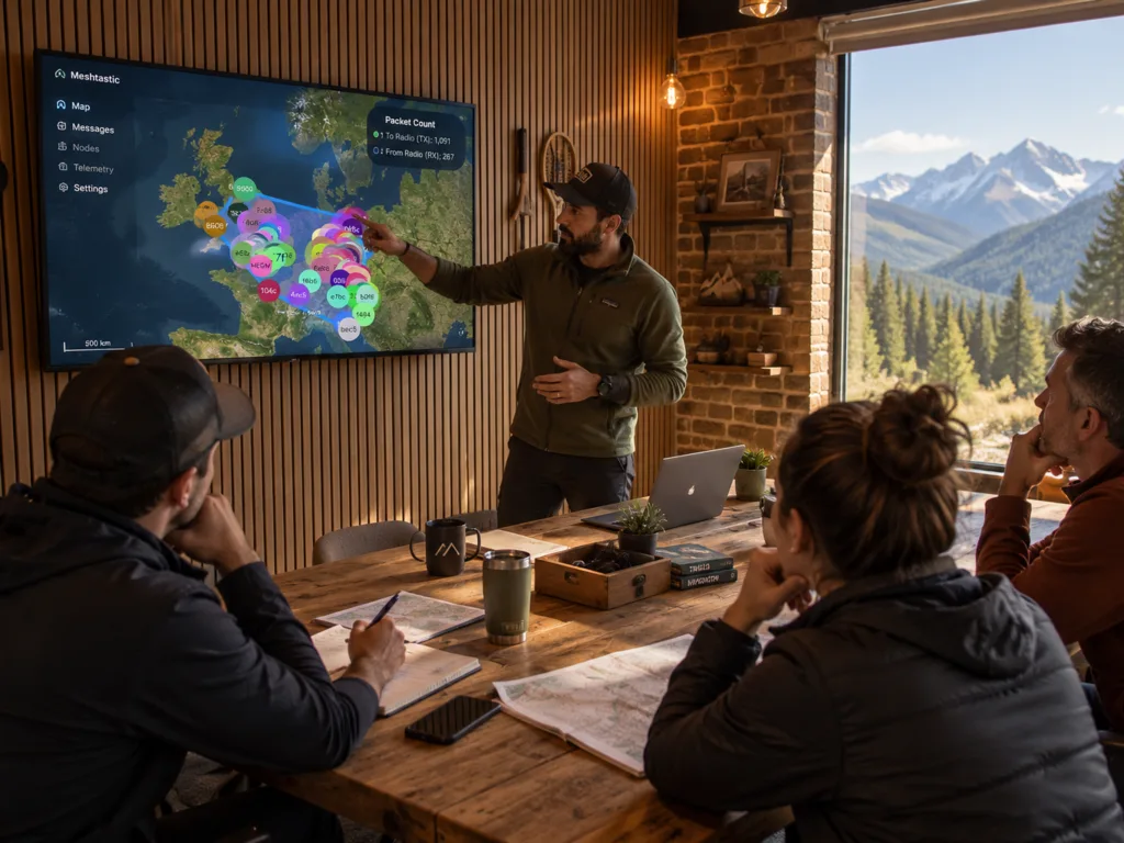 Instrutor mostra o mapa da rede Meshtastic em uma tela para a equipe reunida à mesa